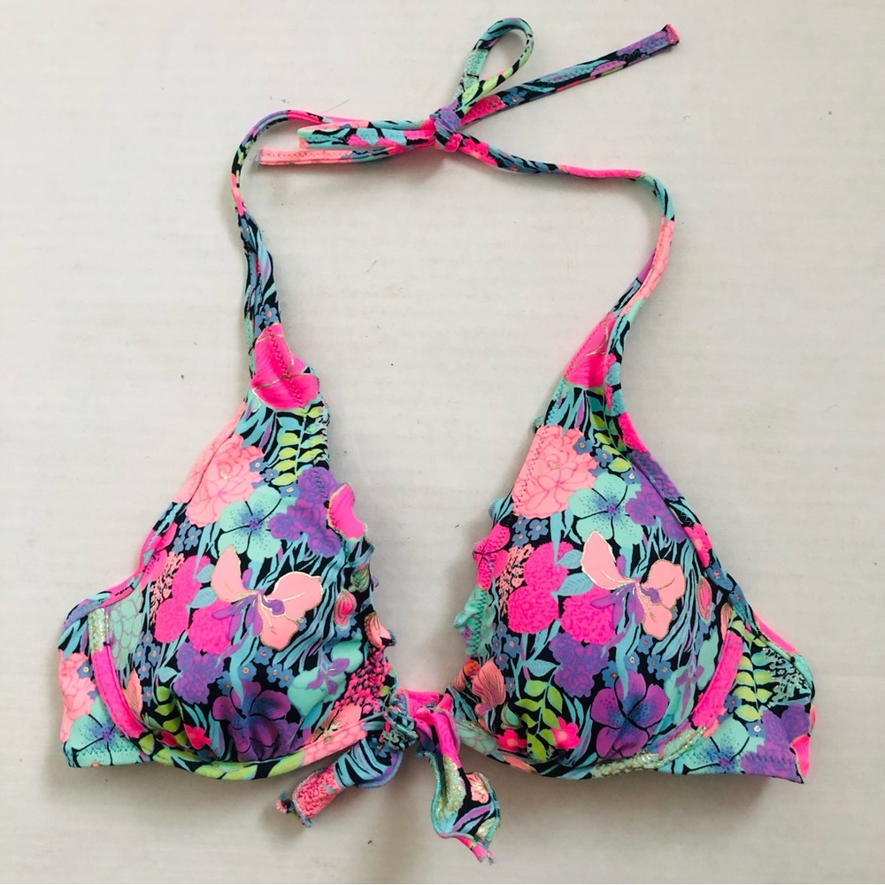 Victoria’s Secret Neon Pink Green Purple Blue Floral Bikini Top Size 34B Halter